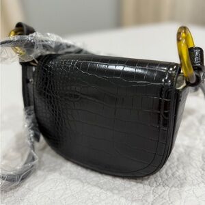 Bull&Bear Black Croc-Embossed Crossbody Bag — New